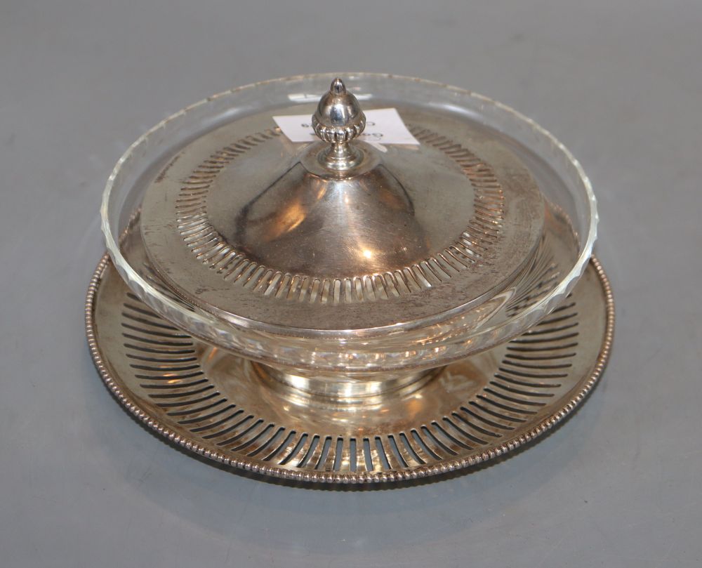 A Victorian silver mounted cut glass silver butter dish and cover, Hirons, Plante & Co, Birmingham, 1866